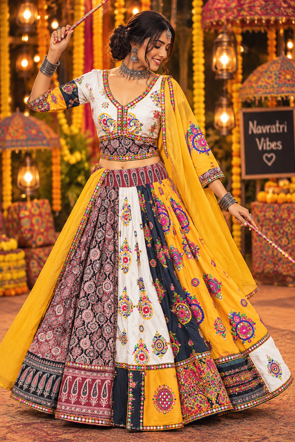 A woman models a traditional Indian lehenga choli set in a festive decorated event space. The outfit features a vibrant yellow dupatta, a white and navy blue skirt with intricate multicolor floral prints, and a heavily embroidered cream and gold choli.