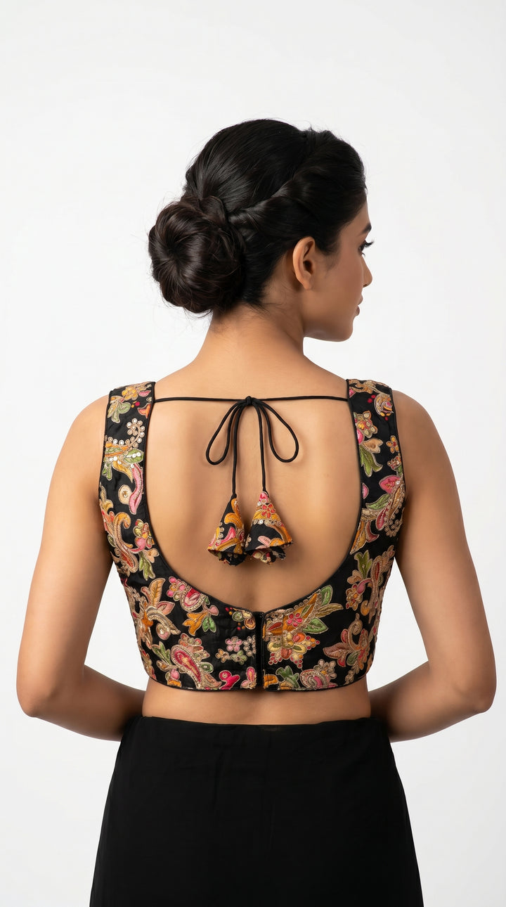 Fendi Silk Floral Sequin Blouse in Black – open back with latkans – Shree Leicester