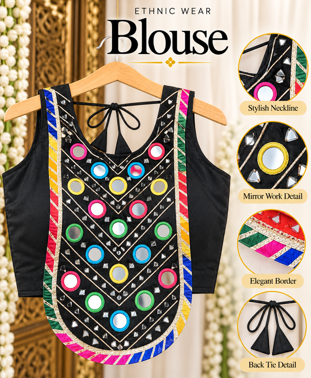 Black corset style Navratri blouse with mirror work and gota detailing – Shree, Leicester