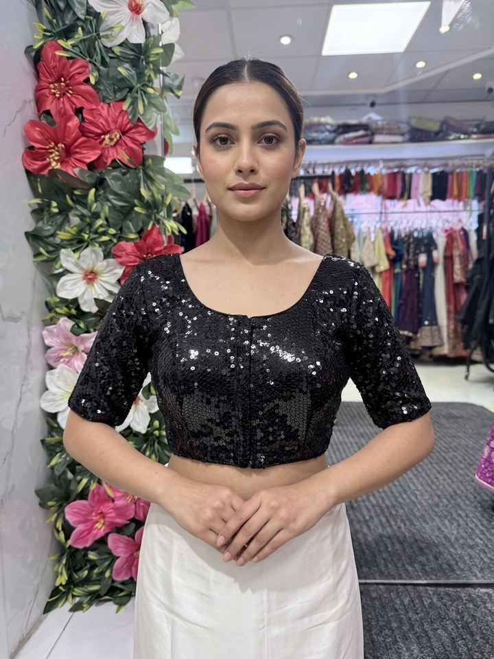Full Sequin Blouse Front Hooks in Black – front view – Shree Leicester