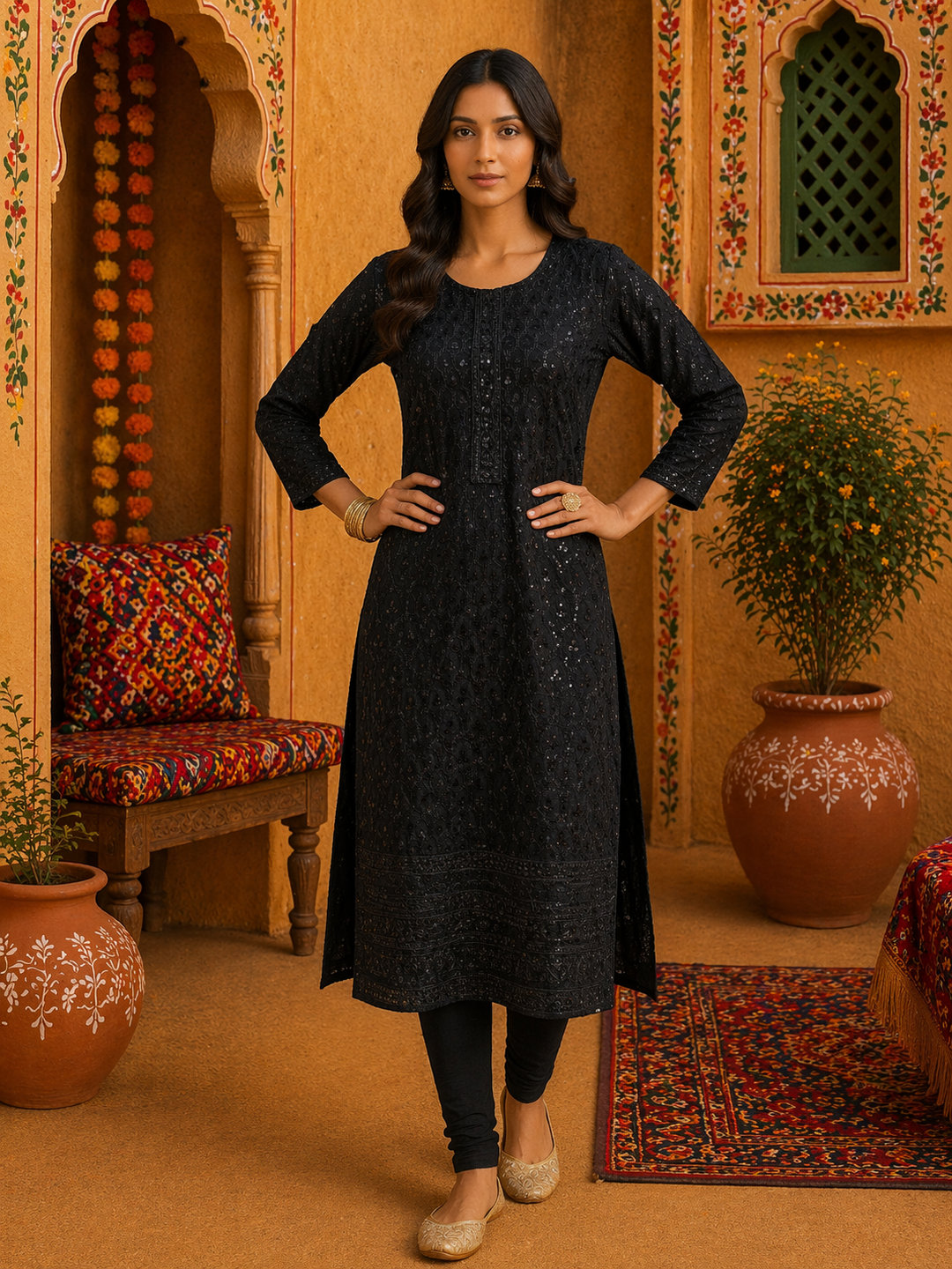 Woman wearing Black Sequin Lucknowi Chikankari Kurti Top with hand-embroidery, top only, festive ethnic wear