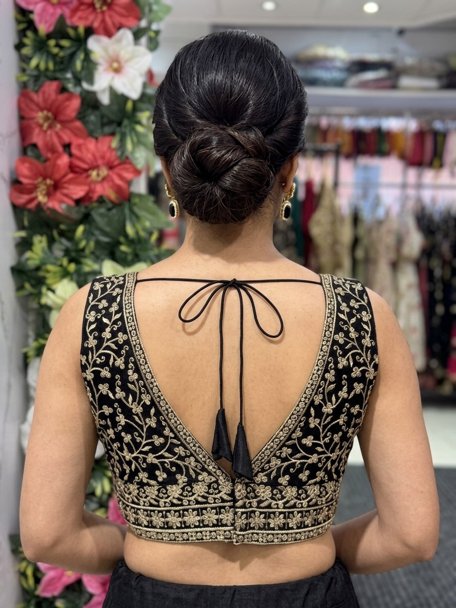 Silk Embroidery V-Neck Blouse in Black – back view – Shree Leicester