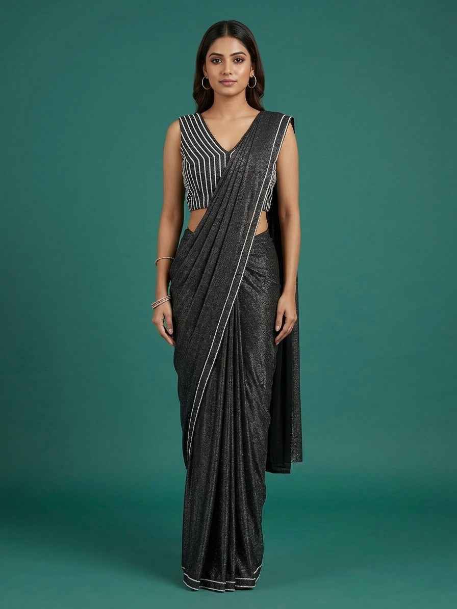 Black Shimmer Readymade Saree with Stripe Blouse