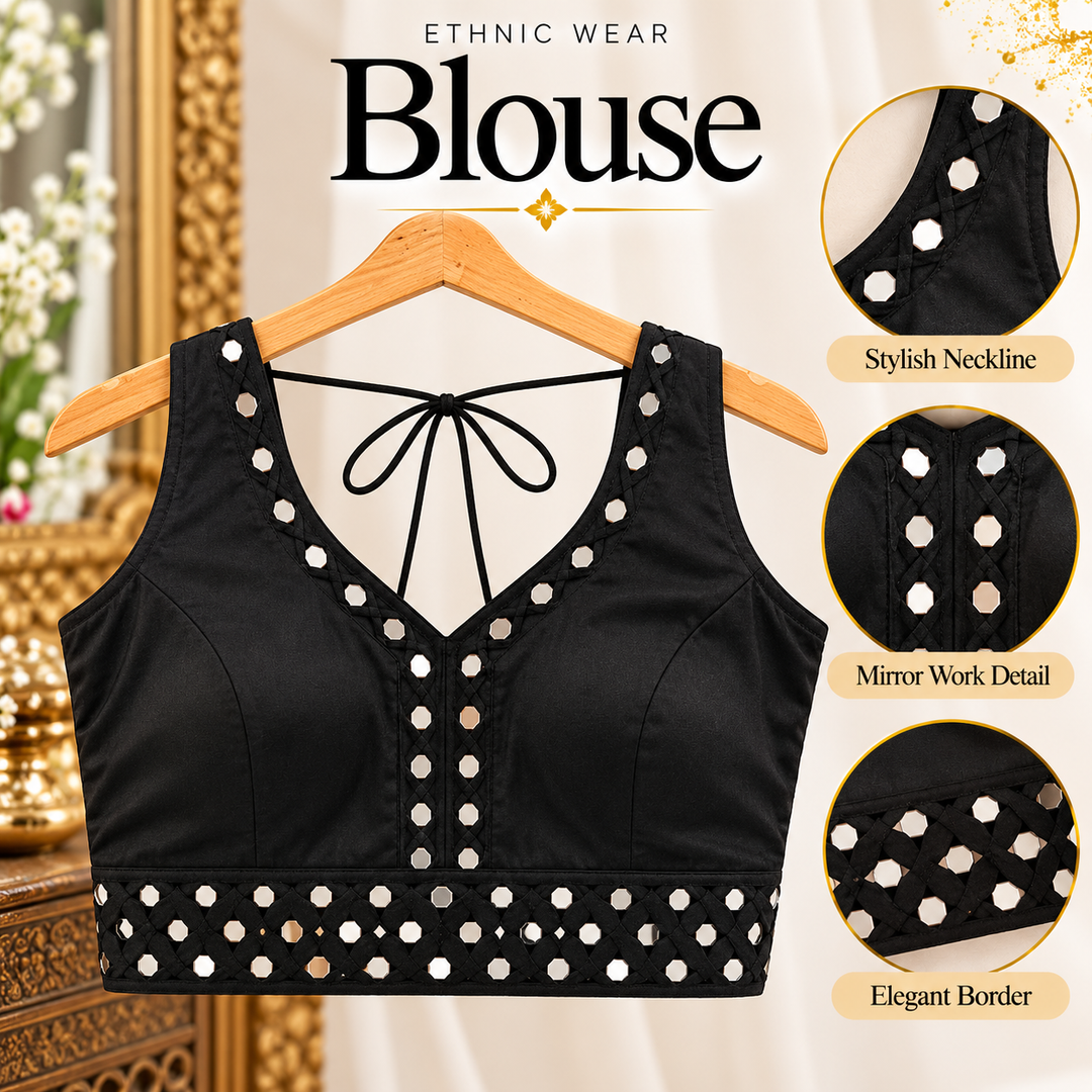 Black mirror work Navratri blouse with V-neck and mirror border – Shree, Leicester