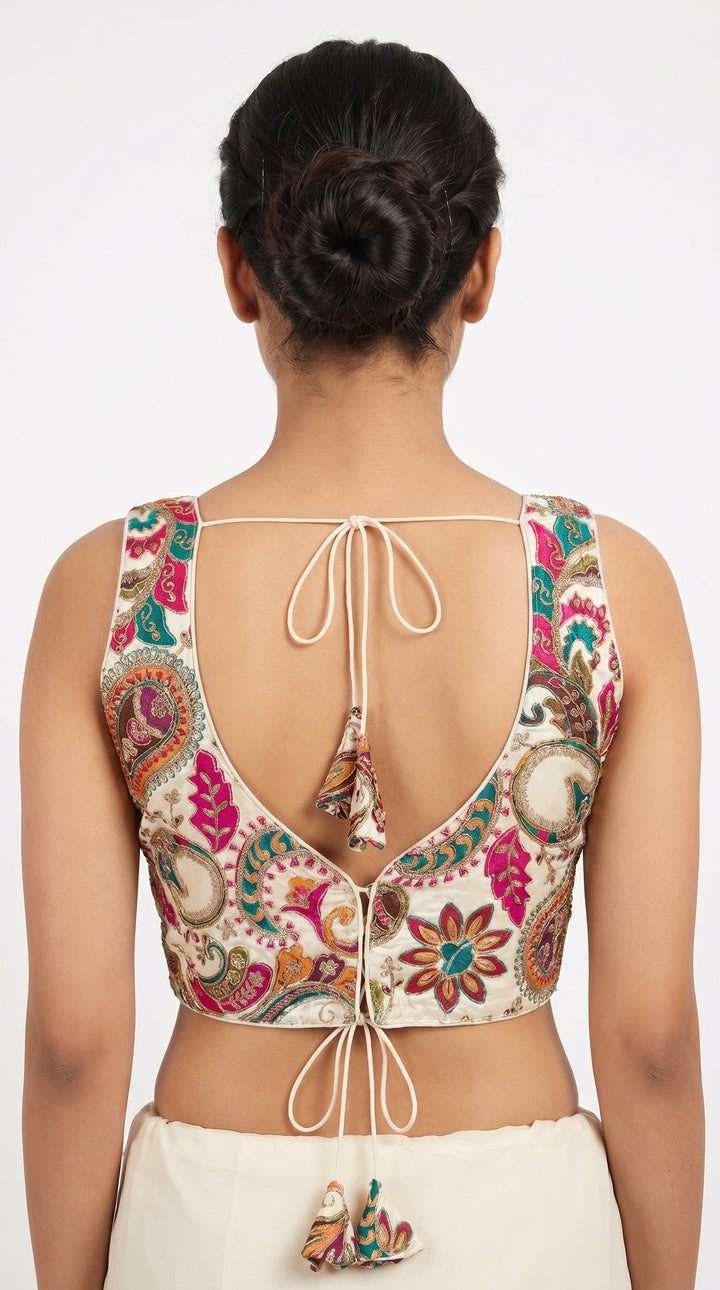 Fendi Silk Floral Sequin Blouse in Cream – open back with tie dori – Shree Leicester