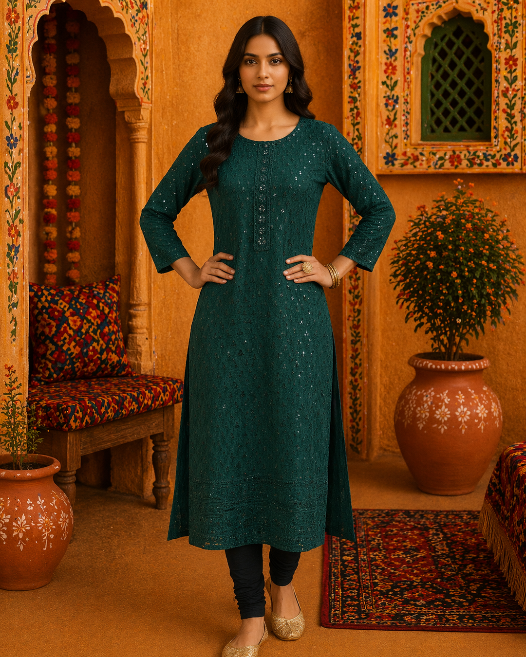 A woman wearing a Dark Green Sequin Lucknowi Chikankari Kurti Top with hand-embroidery and shimmering accents, 3/4 sleeves, top only, festive Indian ethnic tunic.