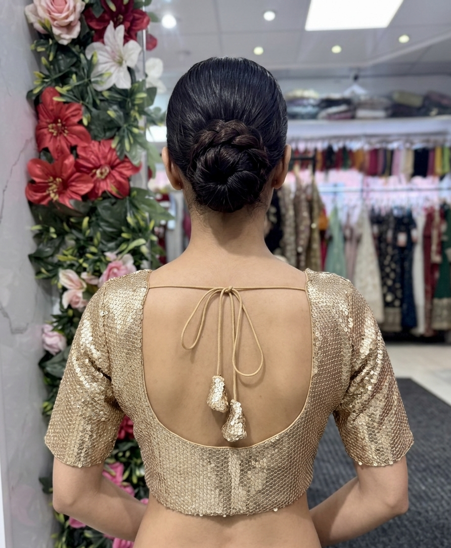 Full Sequin Blouse Front Hooks in Gold – back view – Shree Leicester