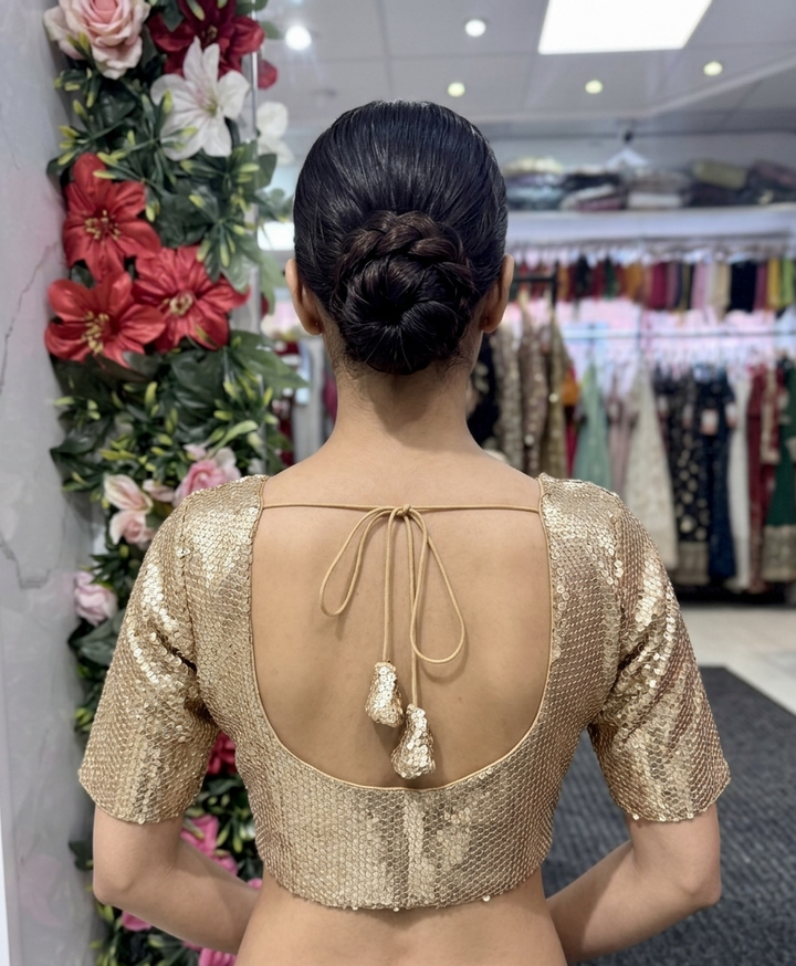 Full Sequin Blouse Front Hooks in Gold – back view – Shree Leicester
