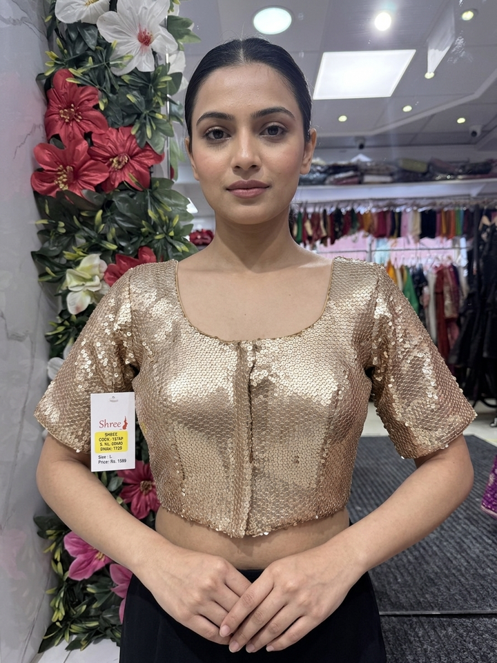 Full Sequin Blouse Front Hooks in Gold – front view – Shree Leicester