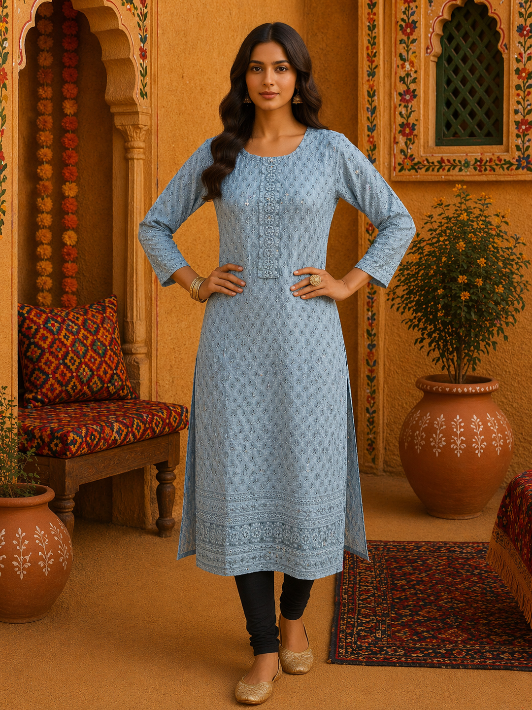 Woman wearing Grey Sequin Chikankari Kurti Top with intricate hand-embroidery, top only, party wear.