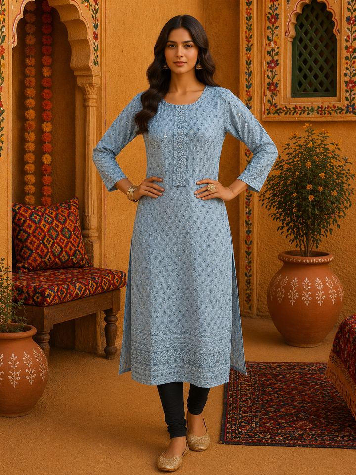 Woman wearing Grey Sequin Chikankari Kurti Top with intricate hand-embroidery, top only, party wear.