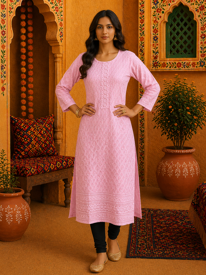 A woman wearing a Baby Pink Sequin Lucknowi Chikankari Kurti Top with hand-embroidery and shimmering accents, 3/4 sleeves, top only, elegant pastel ethnic tunic.