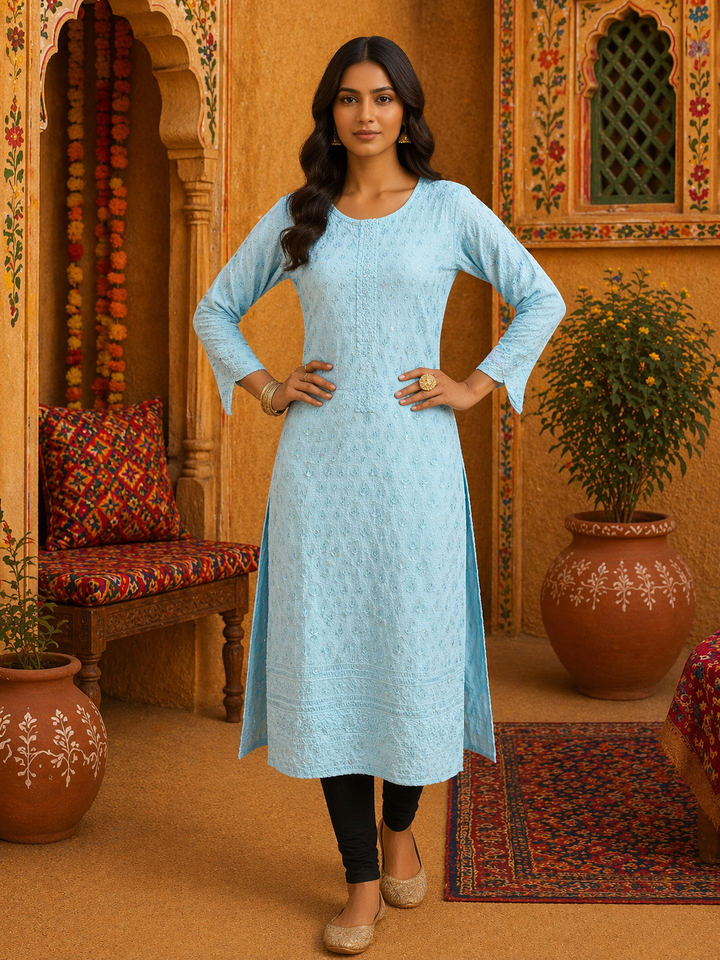 Woman wearing Light Blue Sequin Chikankari Kurti Top, shimmering pastel tunic, top only.