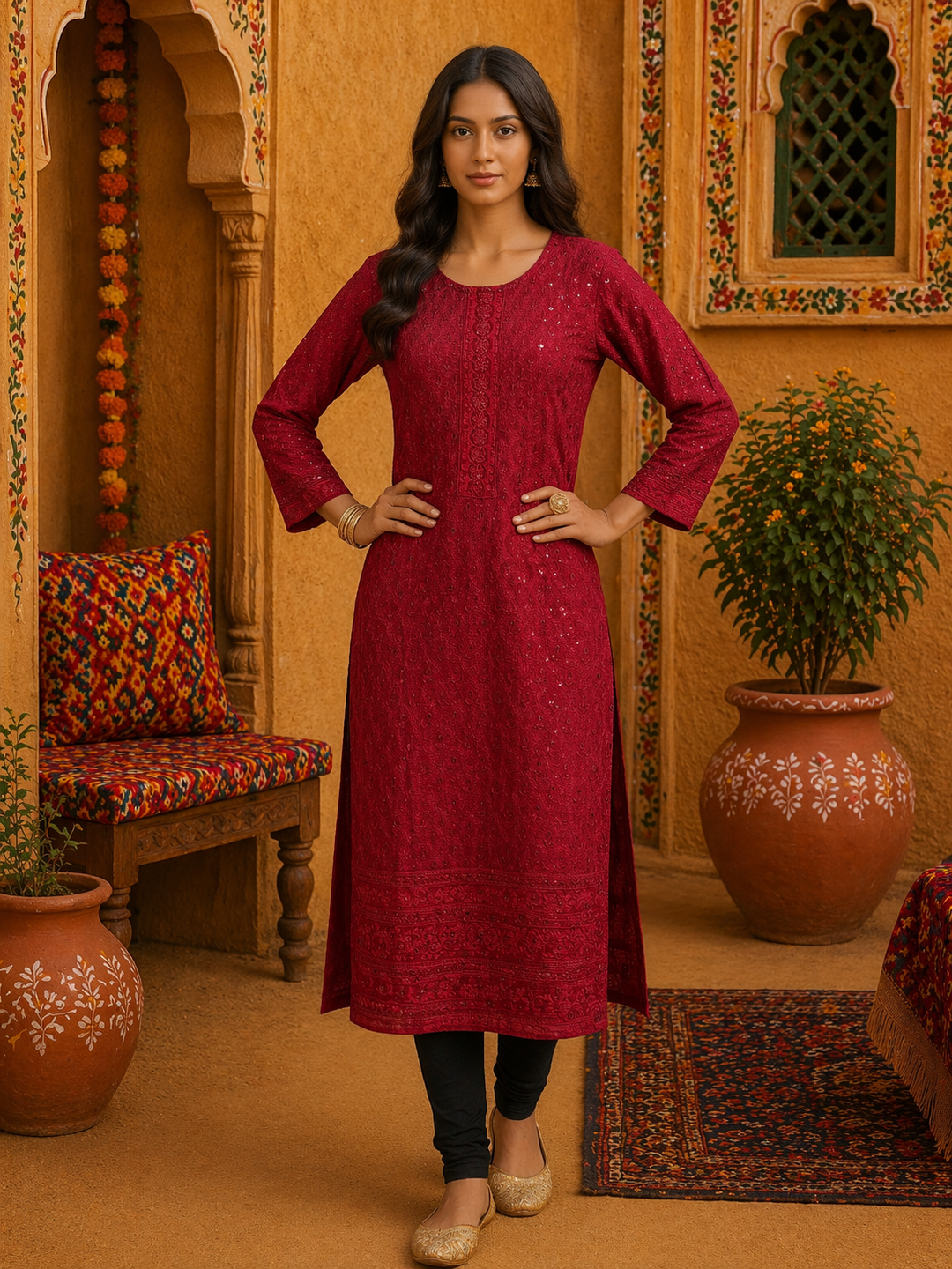 Woman wearing Maroon Red Sequin Chikankari Kurti Top with shimmering hand-work, top only, Indian tunic.