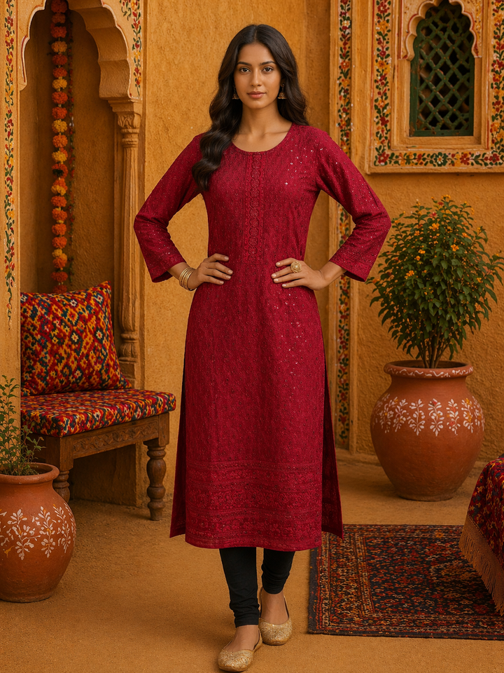 Woman wearing Maroon Red Sequin Chikankari Kurti Top with shimmering hand-work, top only, Indian tunic.