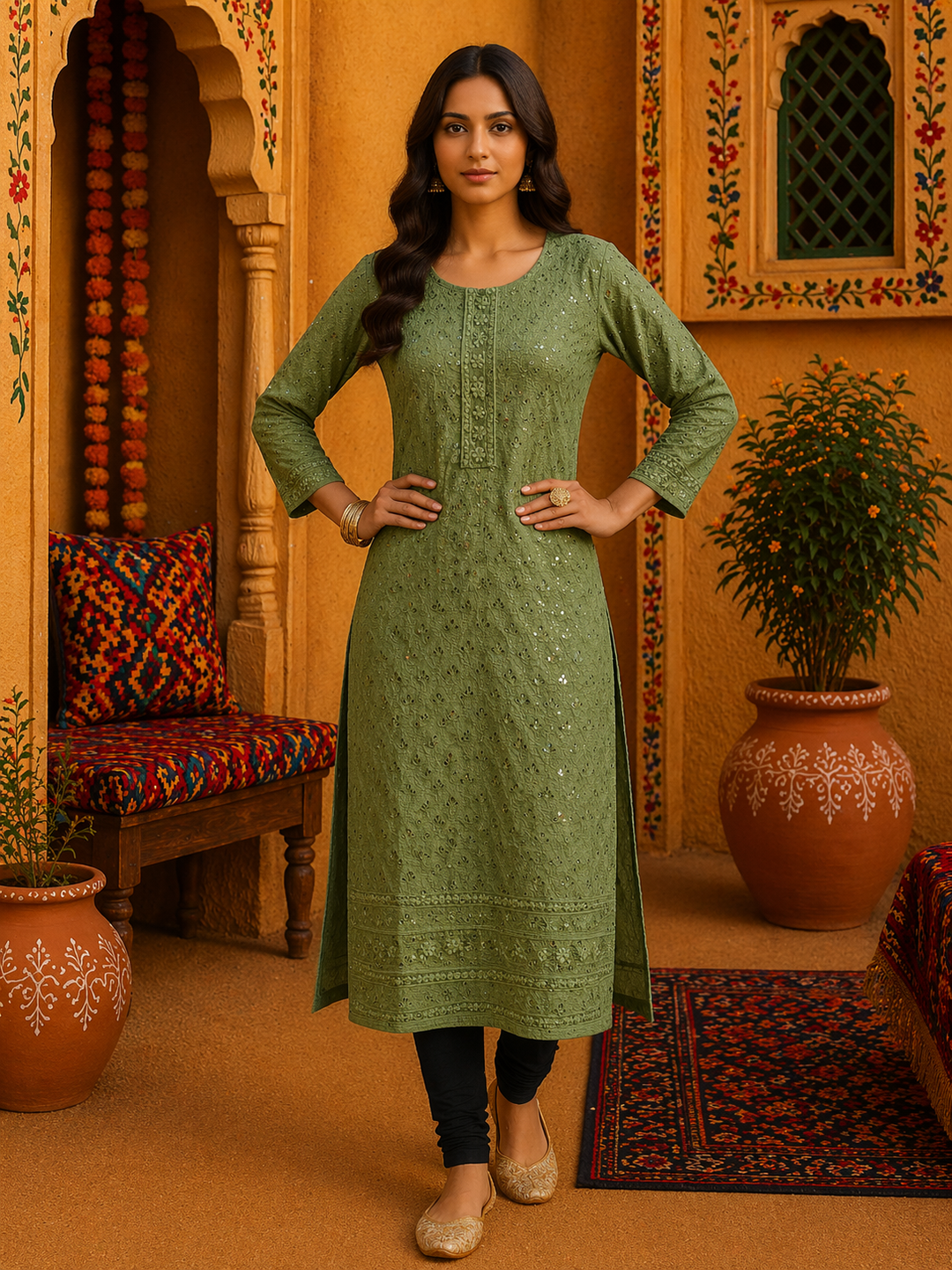 Woman wearing Mehendi Green Sequin Chikankari Kurti Top, traditional hand-work, top only