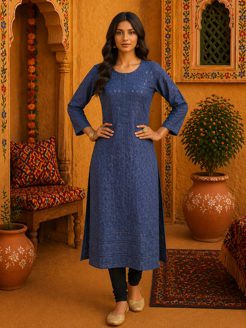 Woman wearing Neon Blue Sequin Chikankari Kurti Top, vibrant hand-embroidered tunic, top only