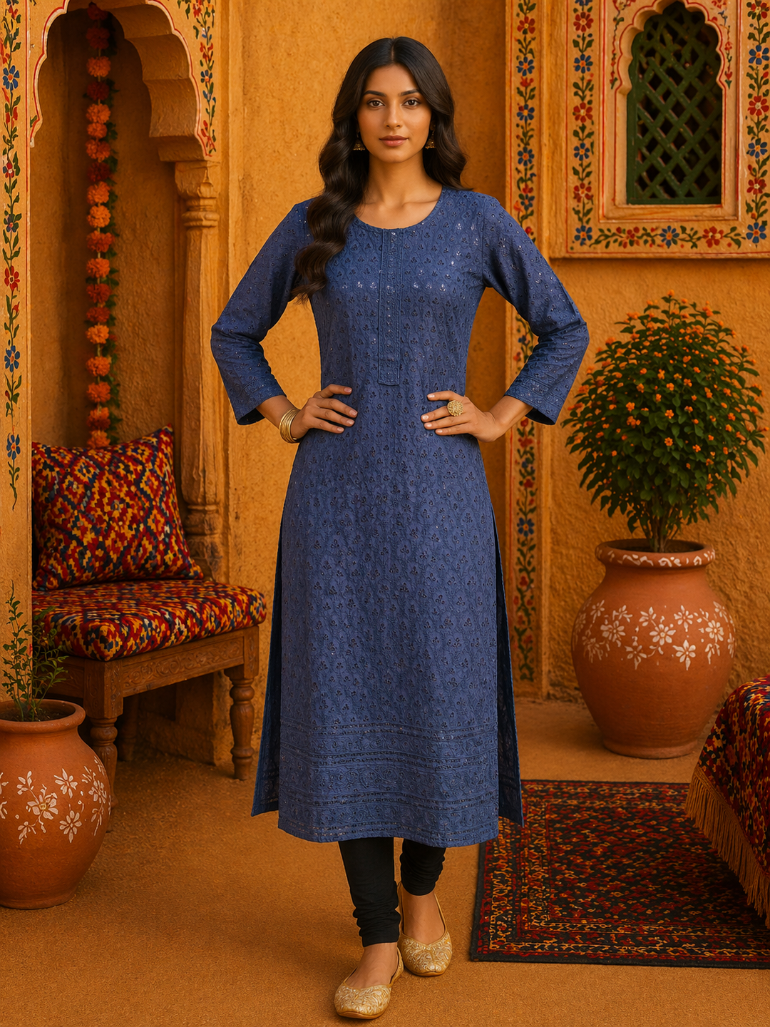 Woman wearing Neon Blue Sequin Chikankari Kurti Top, vibrant hand-embroidered tunic, top only