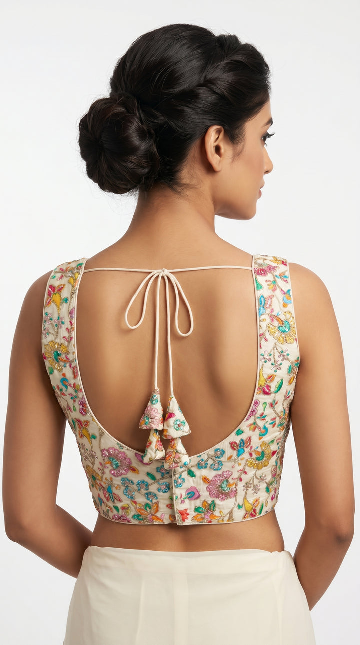 Fendi Silk Floral Sequin Blouse in Off White – back view with latkans – Shree Leicester