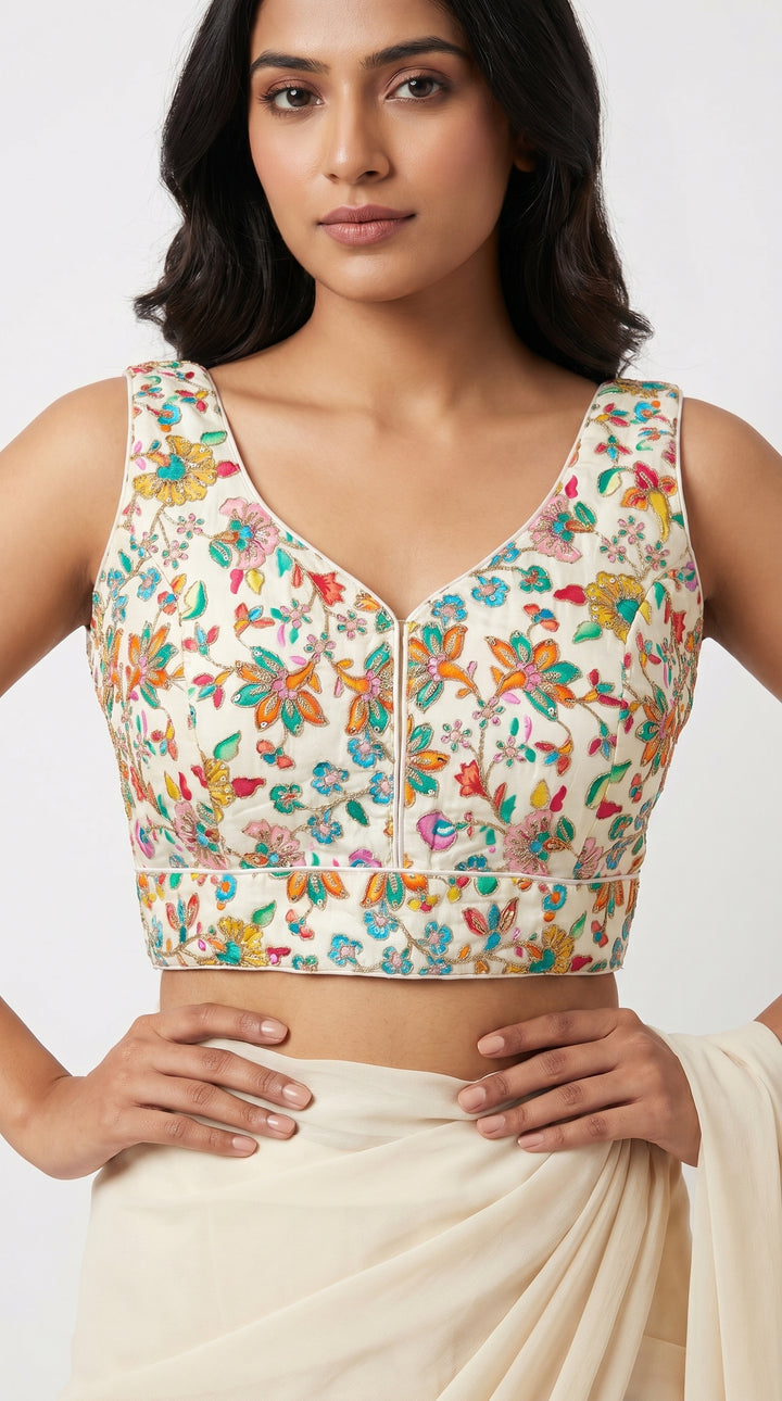 Fendi Silk Floral Sequin Blouse in Off White – floral sequin front view – Shree Leicester