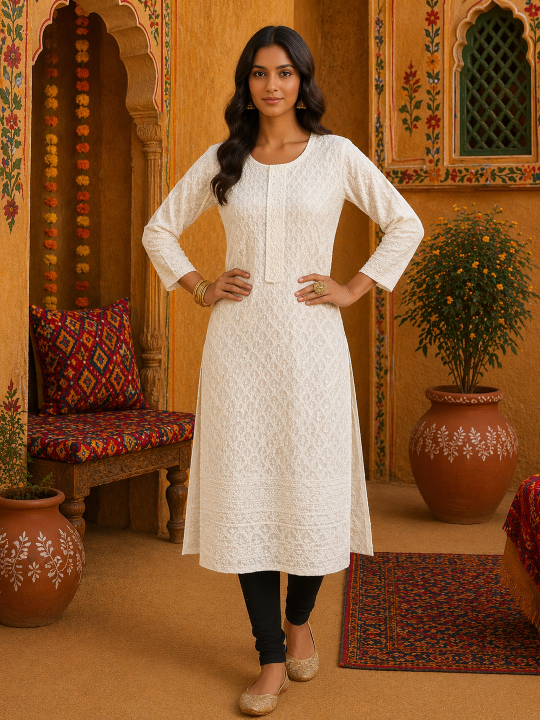 Woman wearing Off-White Sequin Chikankari Kurti Top, elegant hand-work with shimmer, top only.