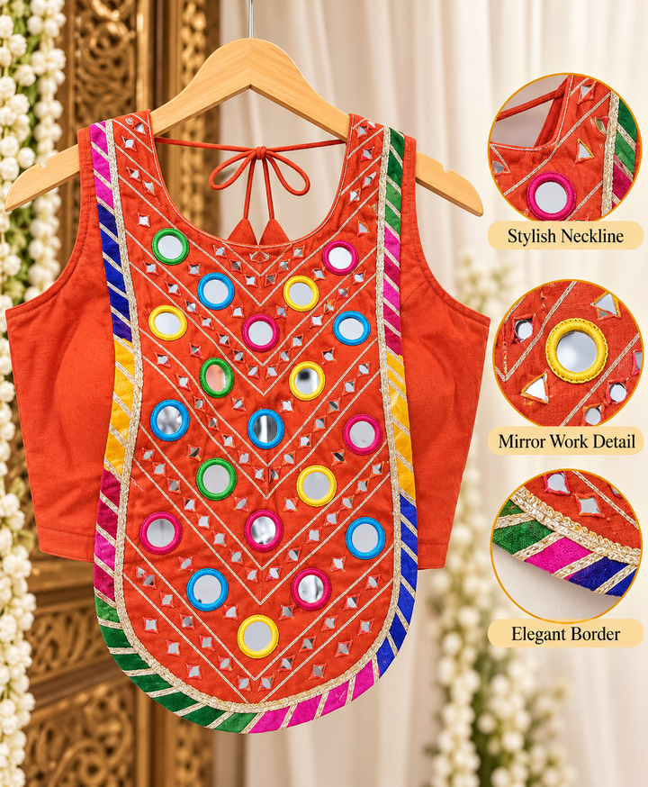Orange corset style Navratri blouse with mirror work and striped border – Shree, Leicester
