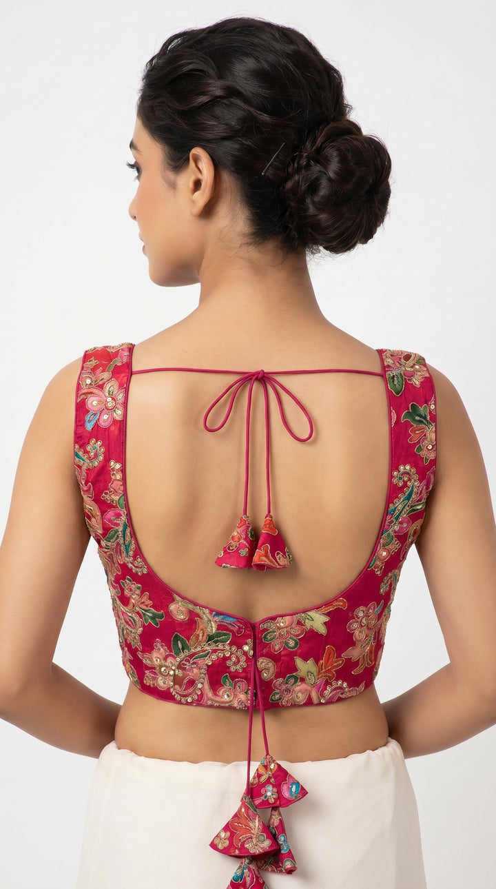 Fendi Silk Floral Sequin Blouse in Hot Pink – open back dori detail – Shree Leicester