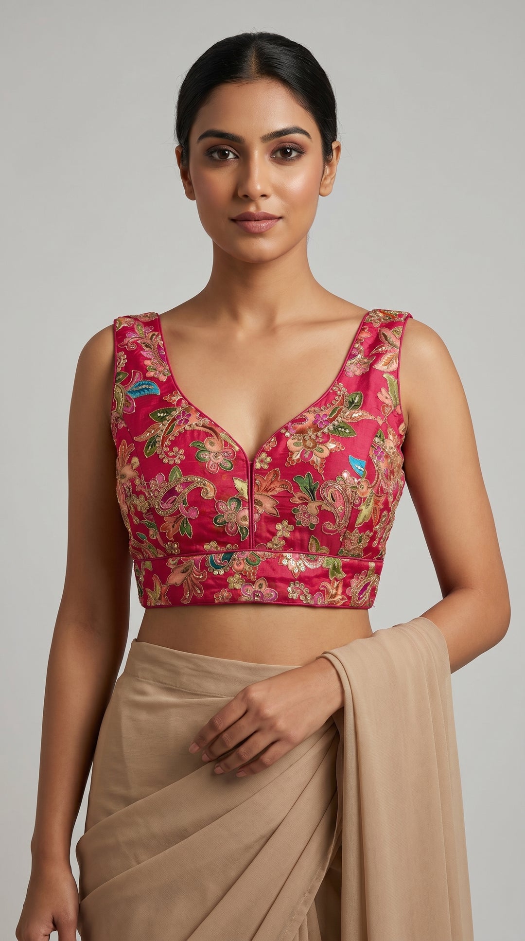 Fendi Silk Floral Sequin Blouse in Hot Pink – V-neck front with saree – Shree Leicester