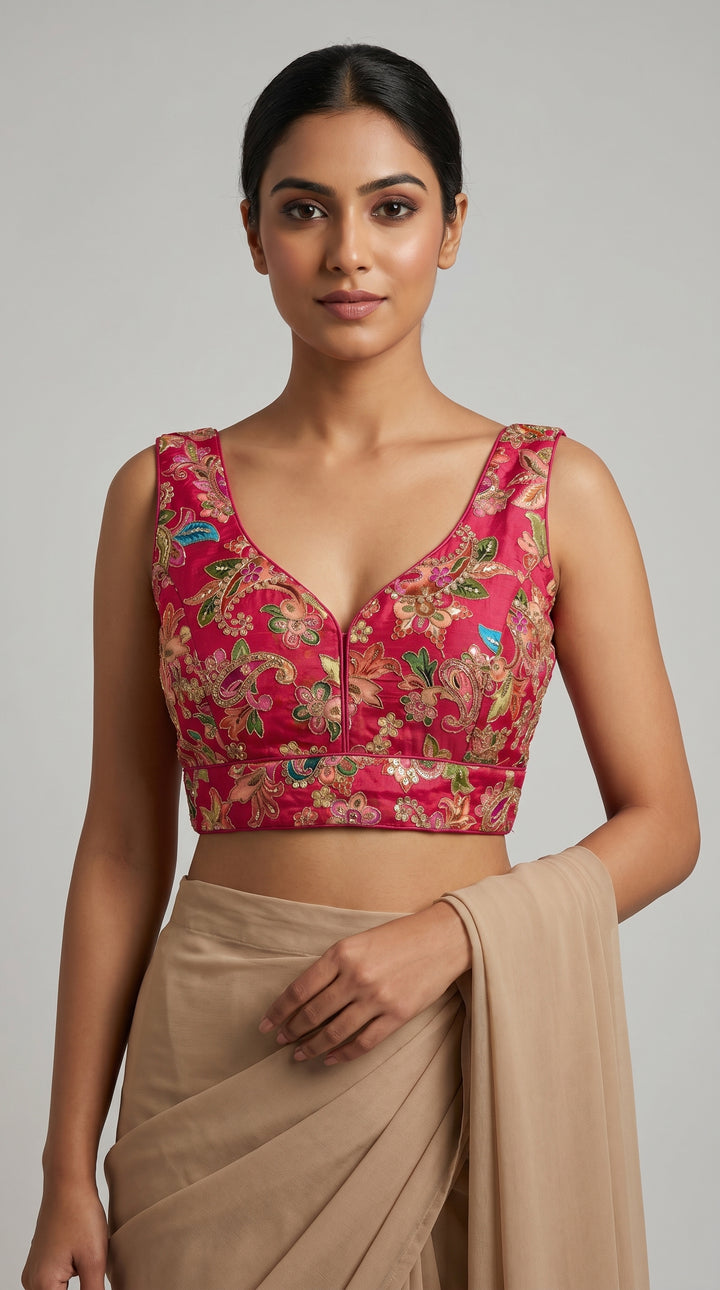Fendi Silk Floral Sequin Blouse in Hot Pink – V-neck front with saree – Shree Leicester