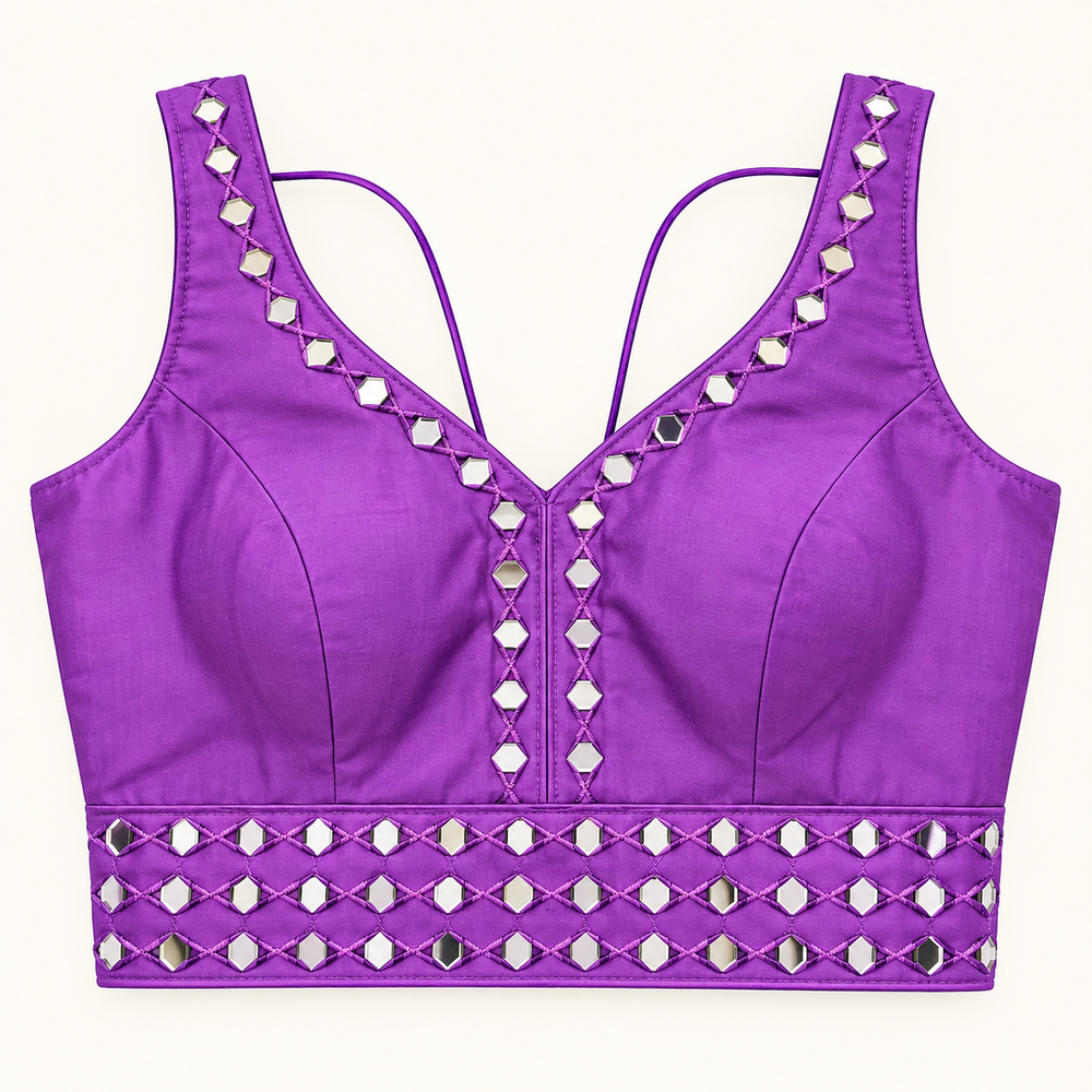 Purple mirror work Navratri blouse with strappy back – Shree, Leicester