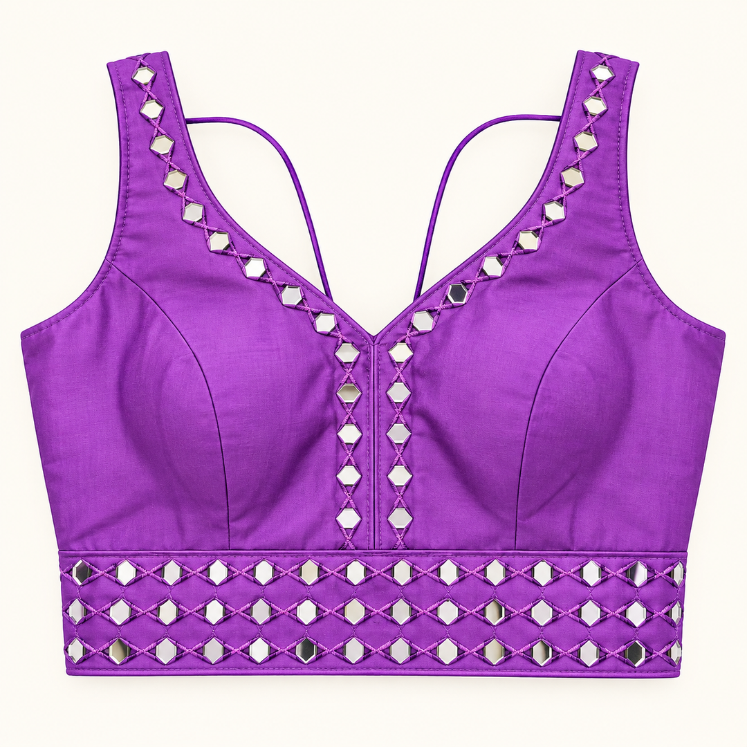 Purple mirror work Navratri blouse with strappy back – Shree, Leicester