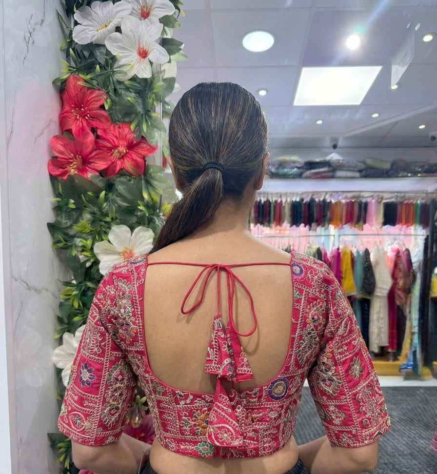 Red Raw Silk Embroidered Saree Blouse