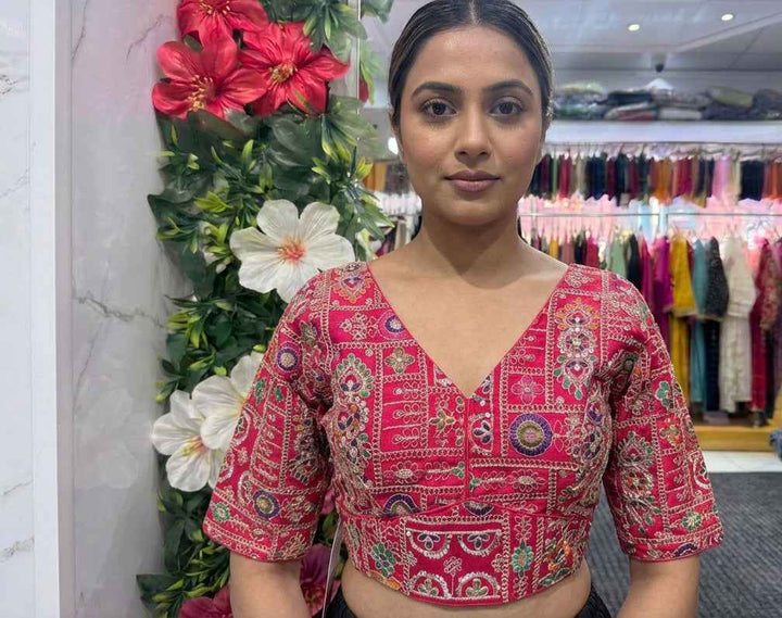 Red Raw Silk Embroidered Saree Blouse
