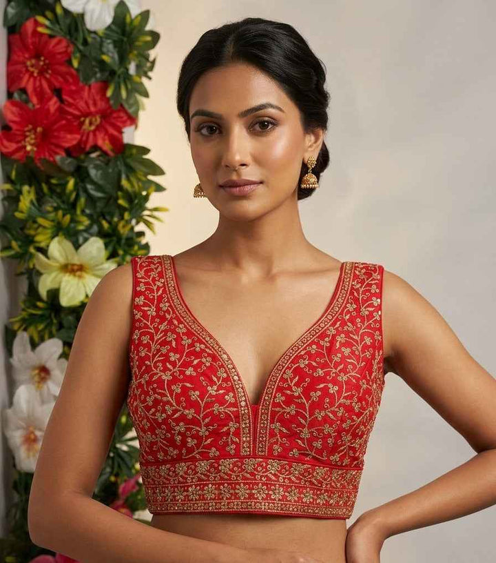 Silk Embroidery V-Neck Blouse