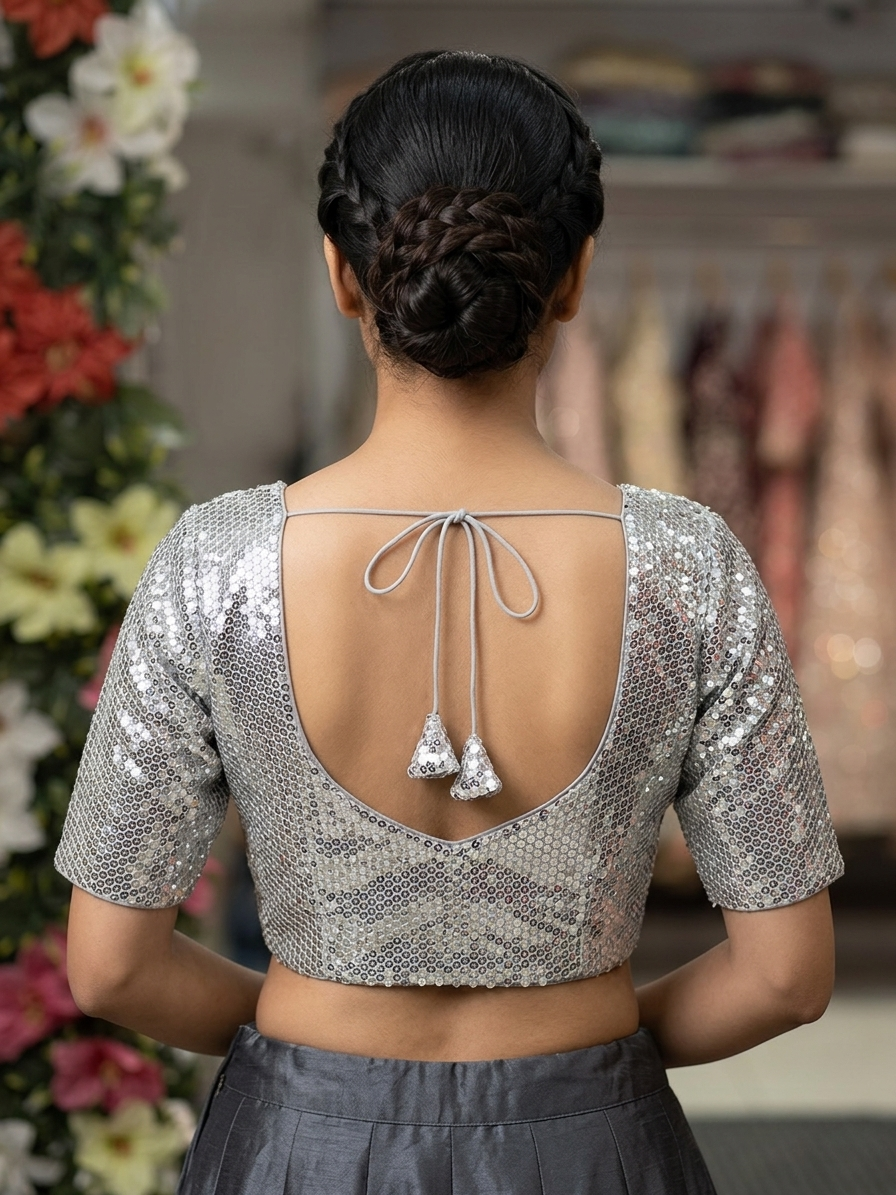 Full Sequin Blouse Front Hooks in Silver – back view – Shree Leicester