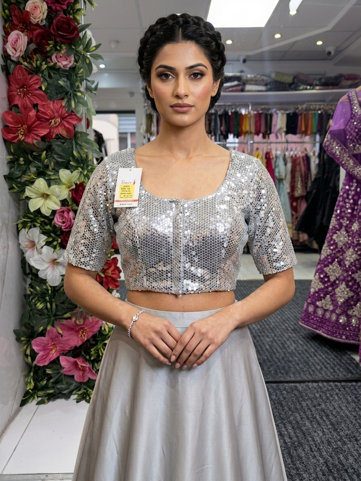 Full Sequin Blouse Front Hooks in Silver – front view – Shree Leicester