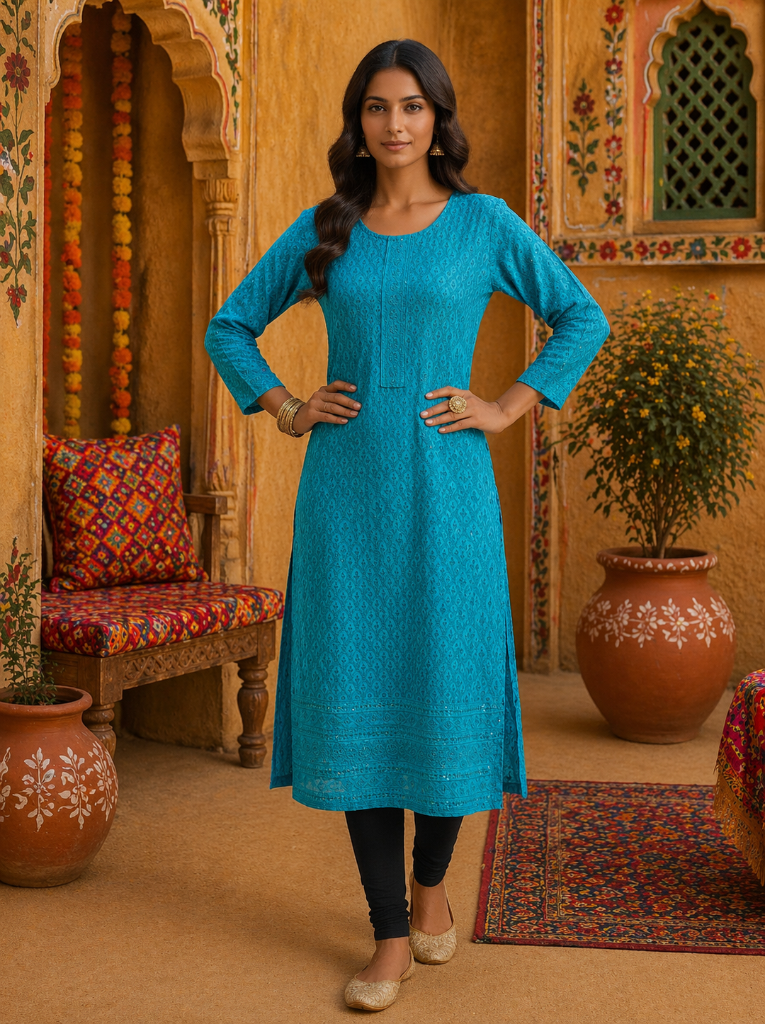 Woman wearing Teal Blue Sequin Lucknowi Chikankari Kurti Top, hand-embroidered longline tunic, top only.