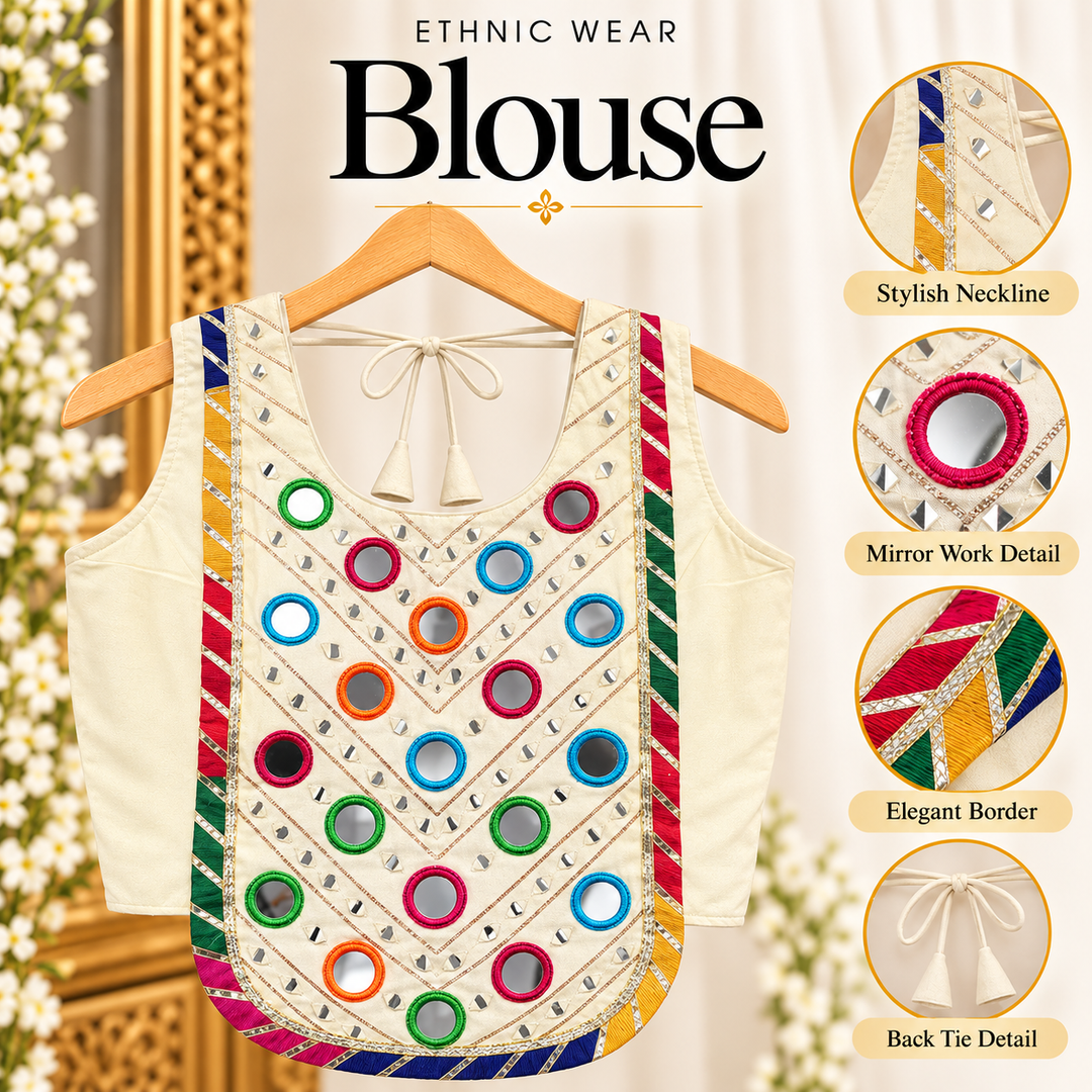 White corset style Navratri blouse with colourful thread-ringed mirrors – Shree, Leicester