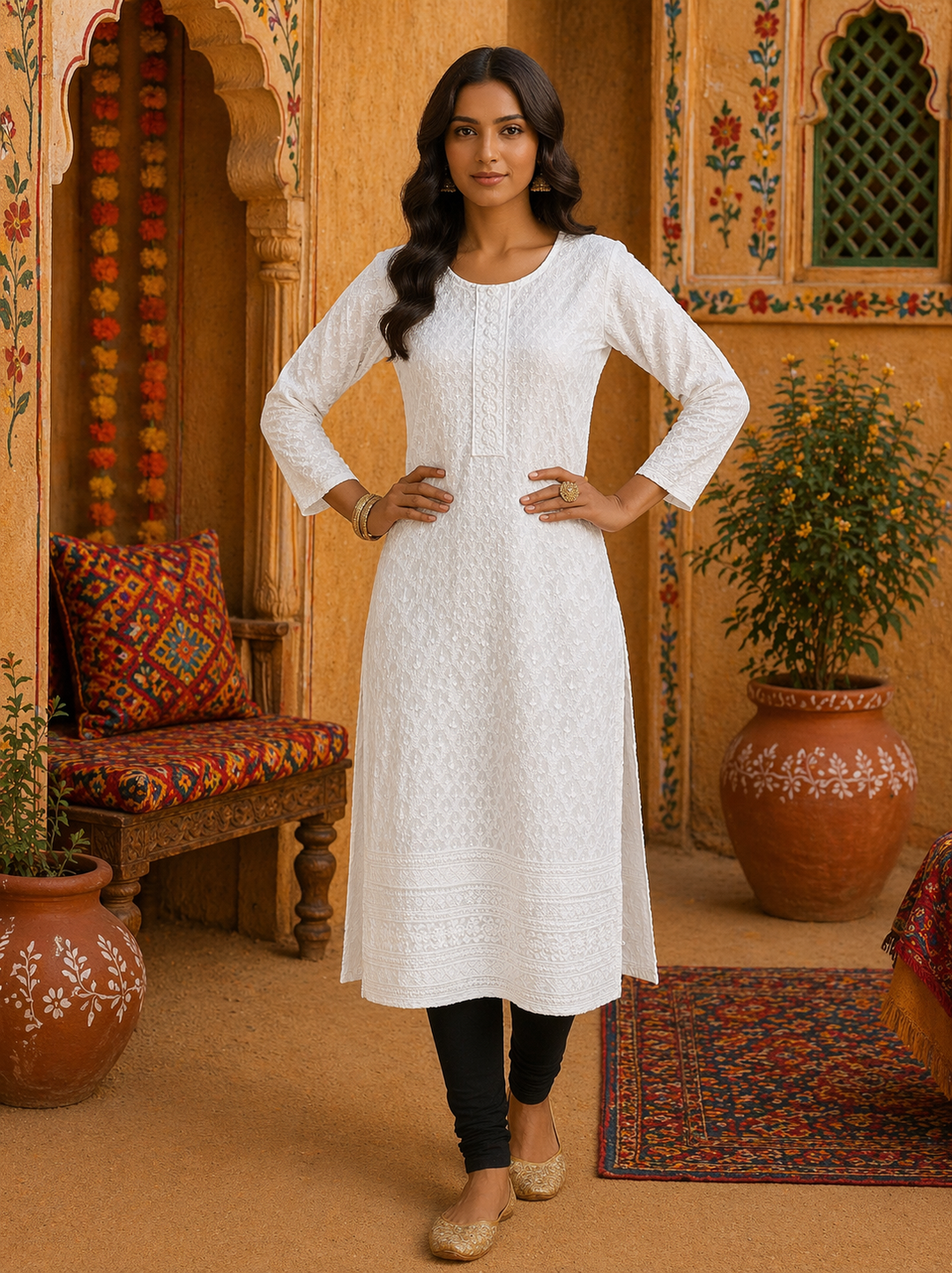 Woman wearing Pure White Sequin Chikankari Kurti Top, classic hand-embroidery with sequins, top only.