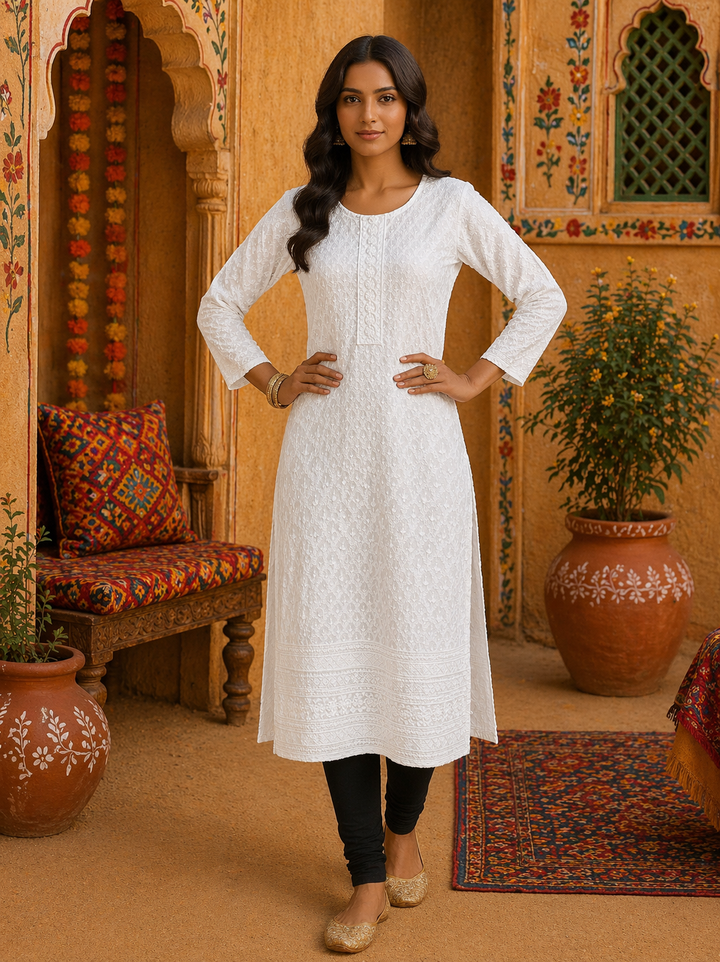Woman wearing Pure White Sequin Chikankari Kurti Top, classic hand-embroidery with sequins, top only.
