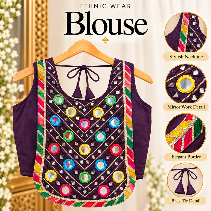 Wine corset style Navratri blouse with multicolour mirror work and tie-up back – Shree, Leicester