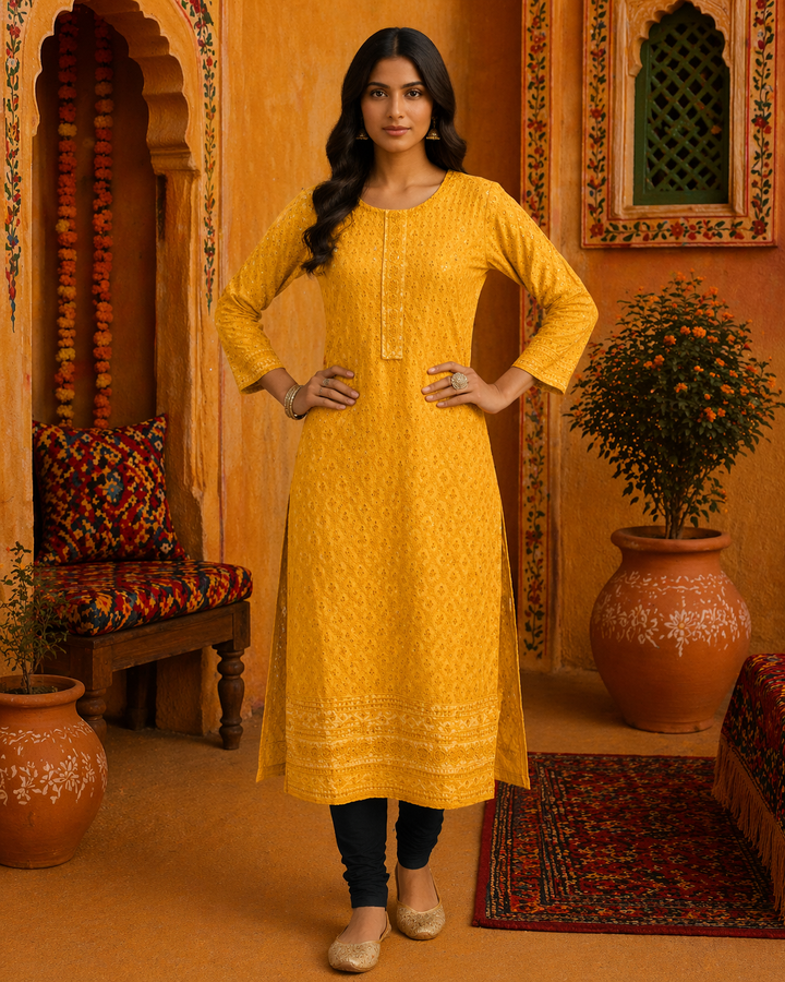 A woman wearing a Mustard Yellow Sequin Lucknowi Chikankari Kurti Top with traditional hand-embroidery and shimmering accents, 3/4 sleeves, top only, vibrant festive ethnic tunic.