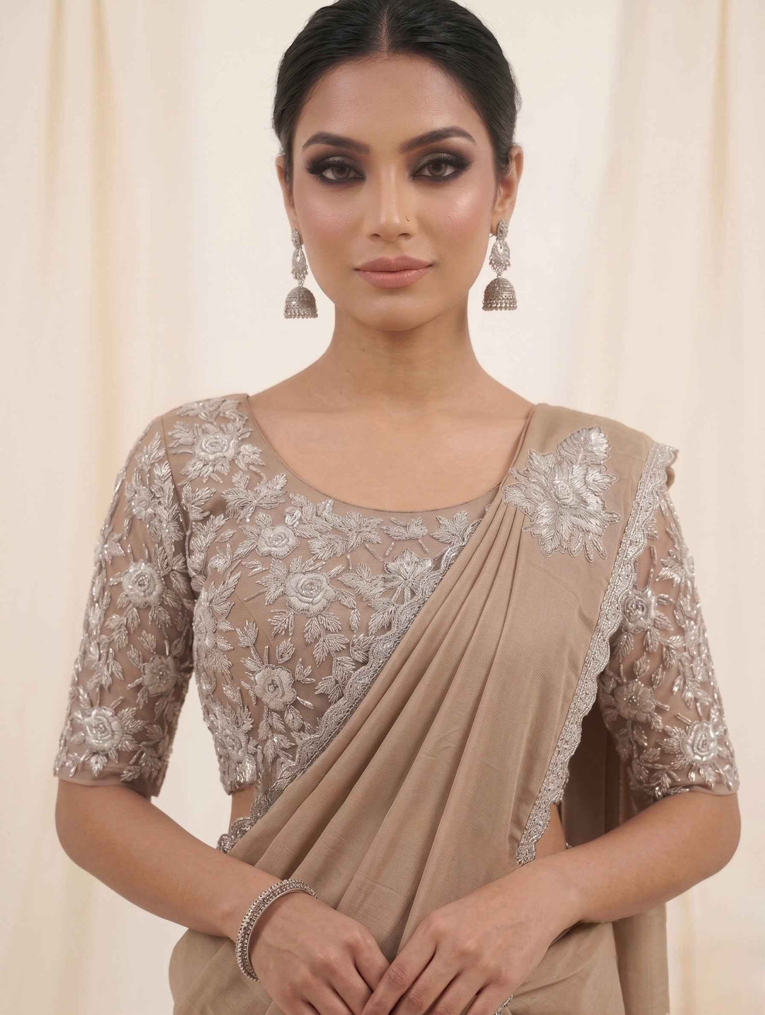Readymade Saree Floral Embroidered Net Blouse