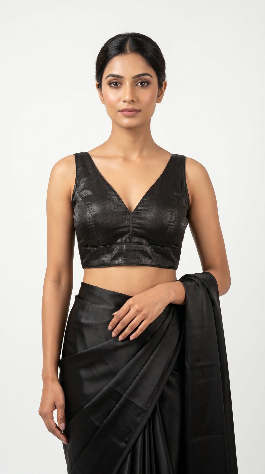 Fendi Silk Plain V-Neck Blouse in Black – deep V-neck front view – Shree Leicester