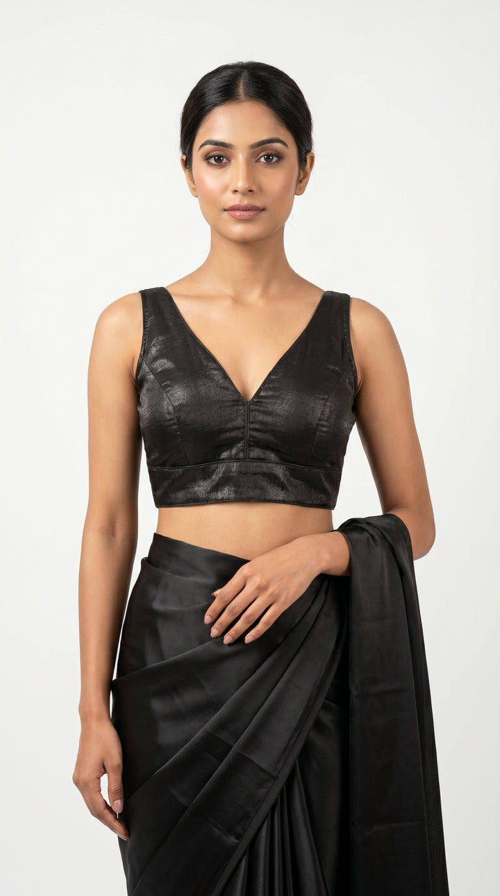 Fendi Silk Plain V-Neck Blouse in Black – deep V-neck front view – Shree Leicester