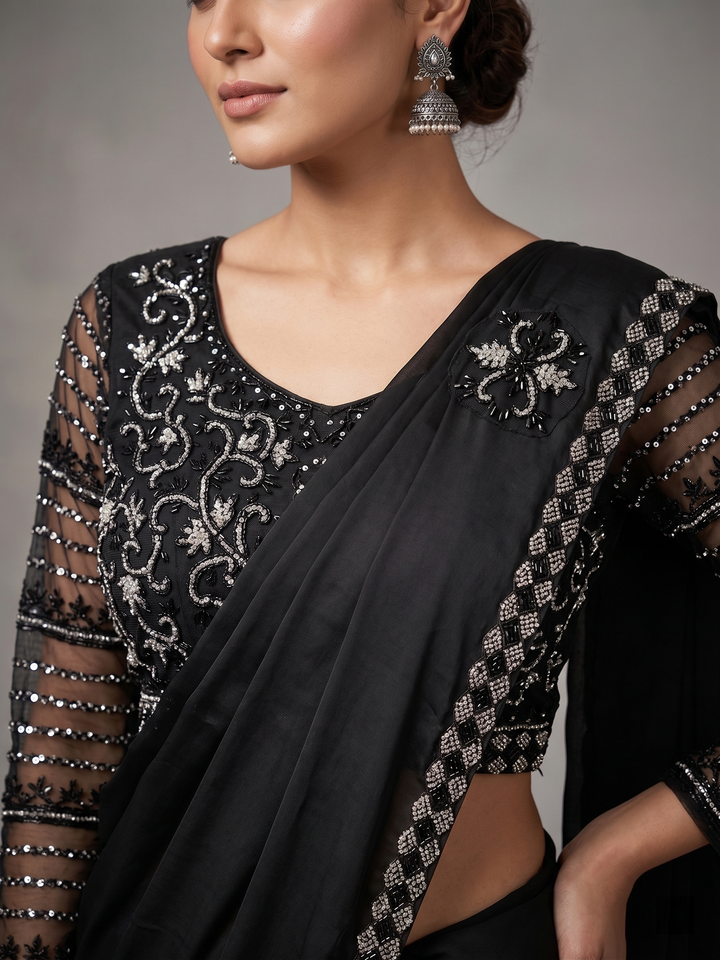 Readymade Satin Saree Embroidered Net Blouse
