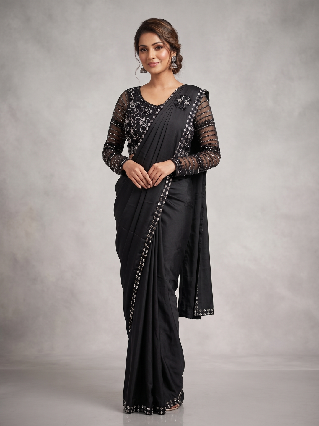 Readymade Satin Saree Embroidered Net Blouse