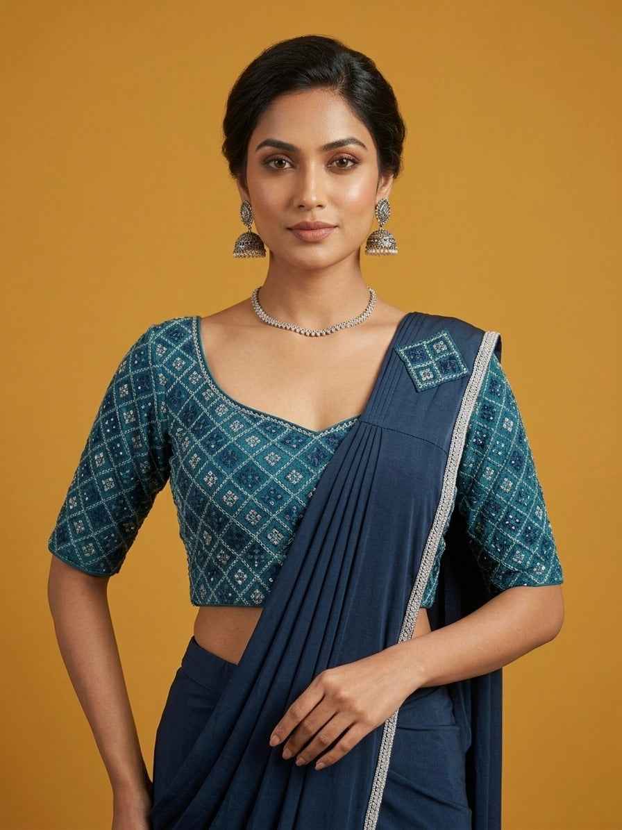 Navy Blue Readymade Saree Net Blouse