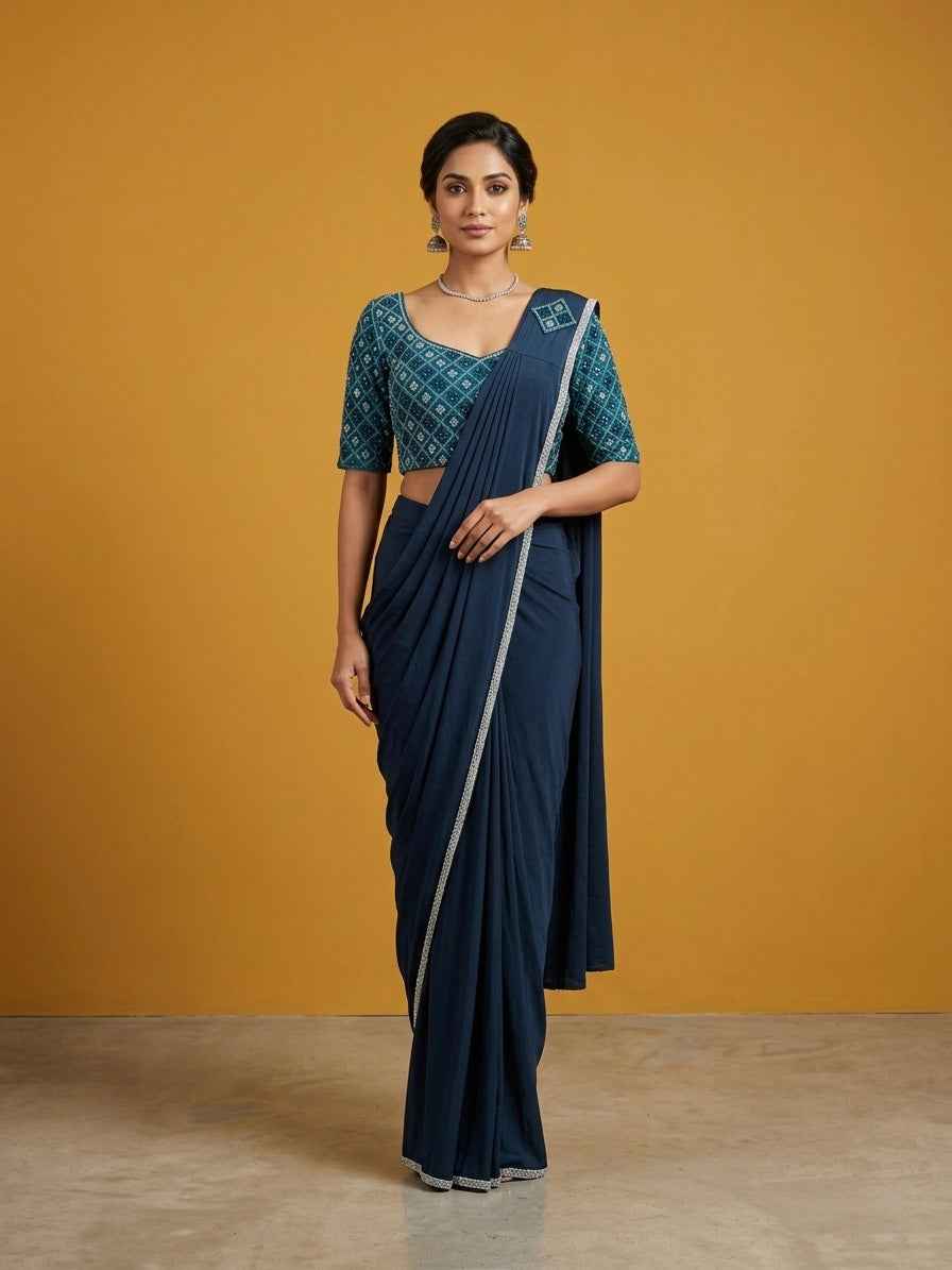 Navy Blue Readymade Saree Net Blouse