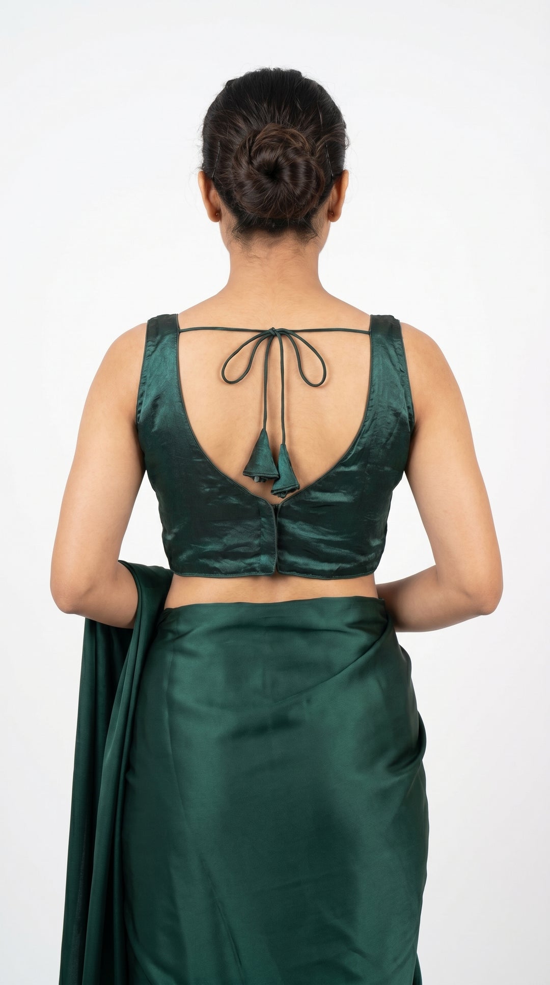 Fendi Silk Plain V-Neck Blouse in Bottle Green – open V-back with latkans – Shree Leicester